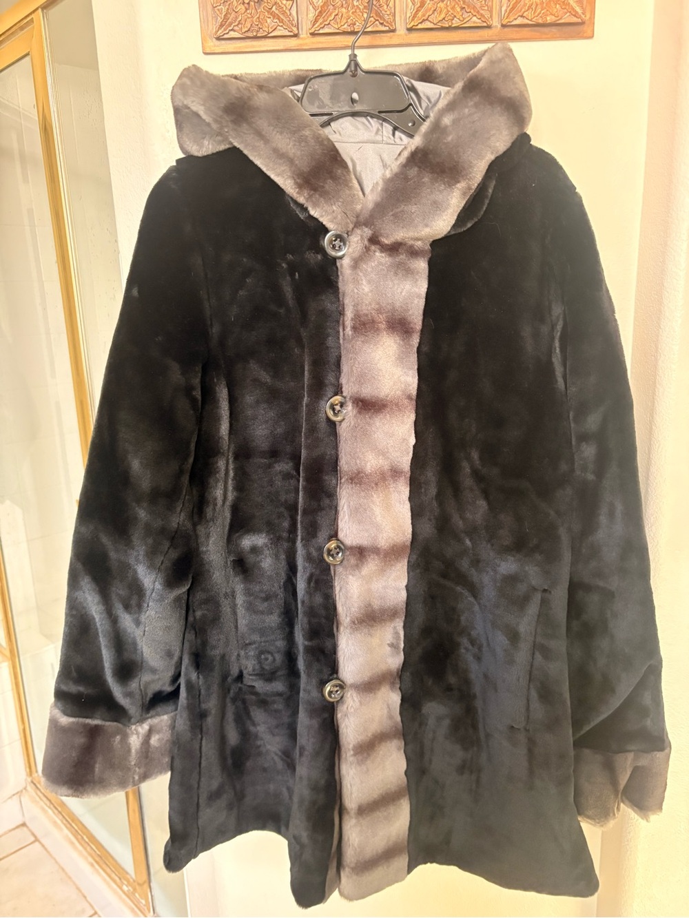 Dennis Basso Faux Fur Coat Reversible to Water Repellent with Hood Size Medium